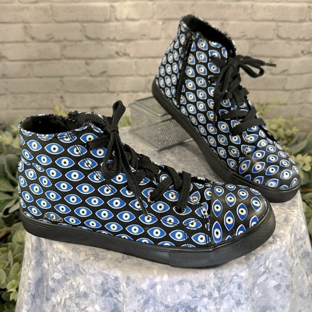 AKID “Anthony Evil Eye” Blue Multi Black Canvas Mid-High Sneakers Boys 5M💙EUC💙